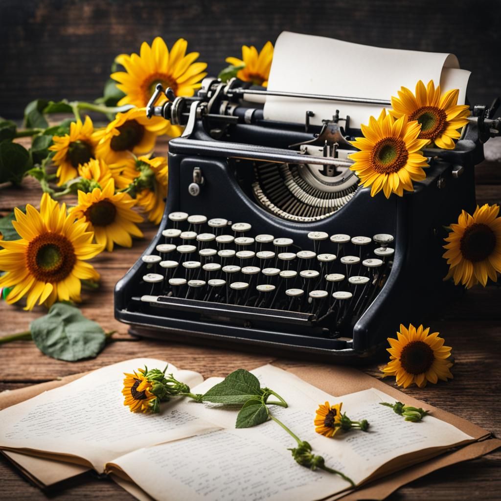 Vintage Typewriter Surrounded by Cosmos Flowers