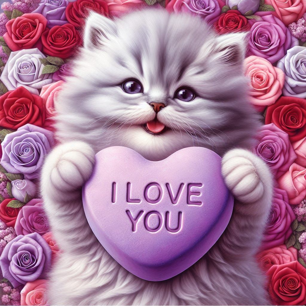 Whimsical Light Grey Cat Holds Candy Conversation Heart