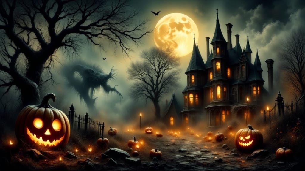 Haunted Halloween Night with Monsters and Shadowy Horrors