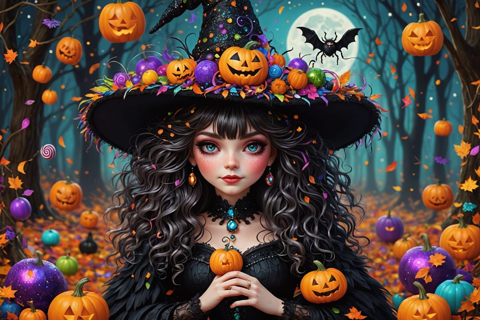 Cute Klimt-Style Halloween Witch in Forest