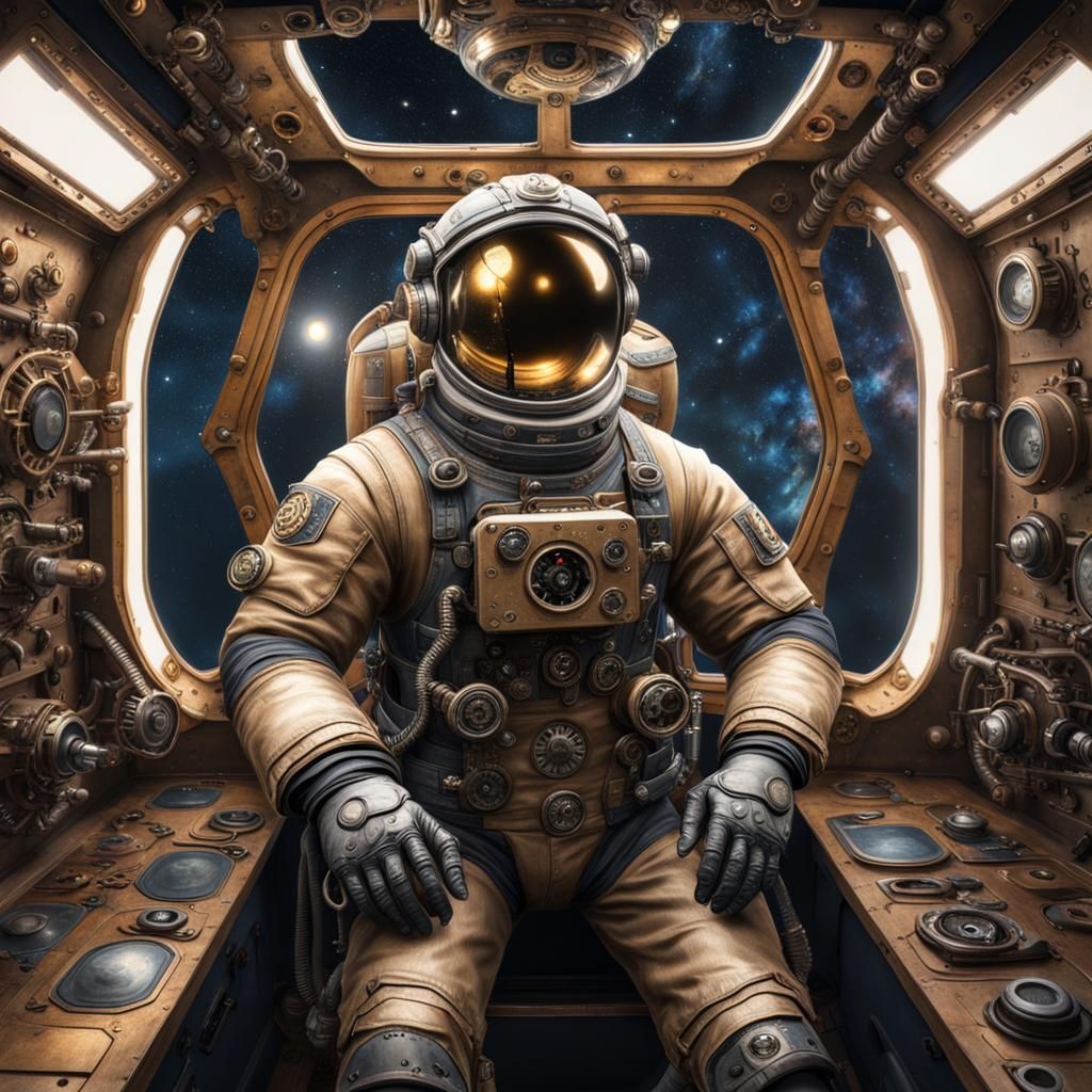 Steampunk Astronaut in Spaceship with Starry Night View