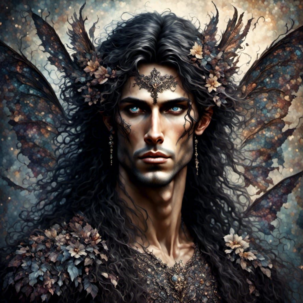 <lora:Male Fairy:1.0> <lora:Tapestry:1.0> <lora:NC Hyperreal:1.0> Close up male fairy with long dark hair with large lig...
