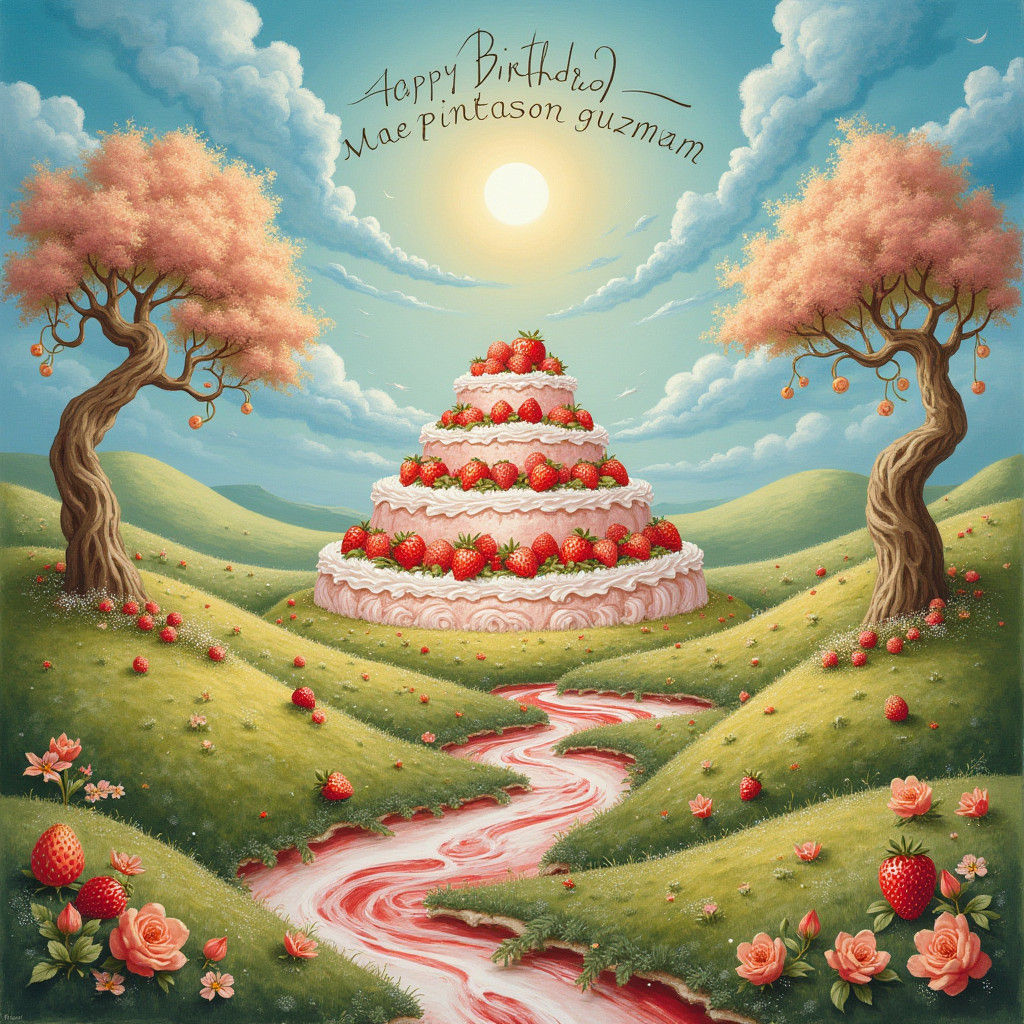 Strawberry Cream Cake Dreamscape with Whipped Cream Hills