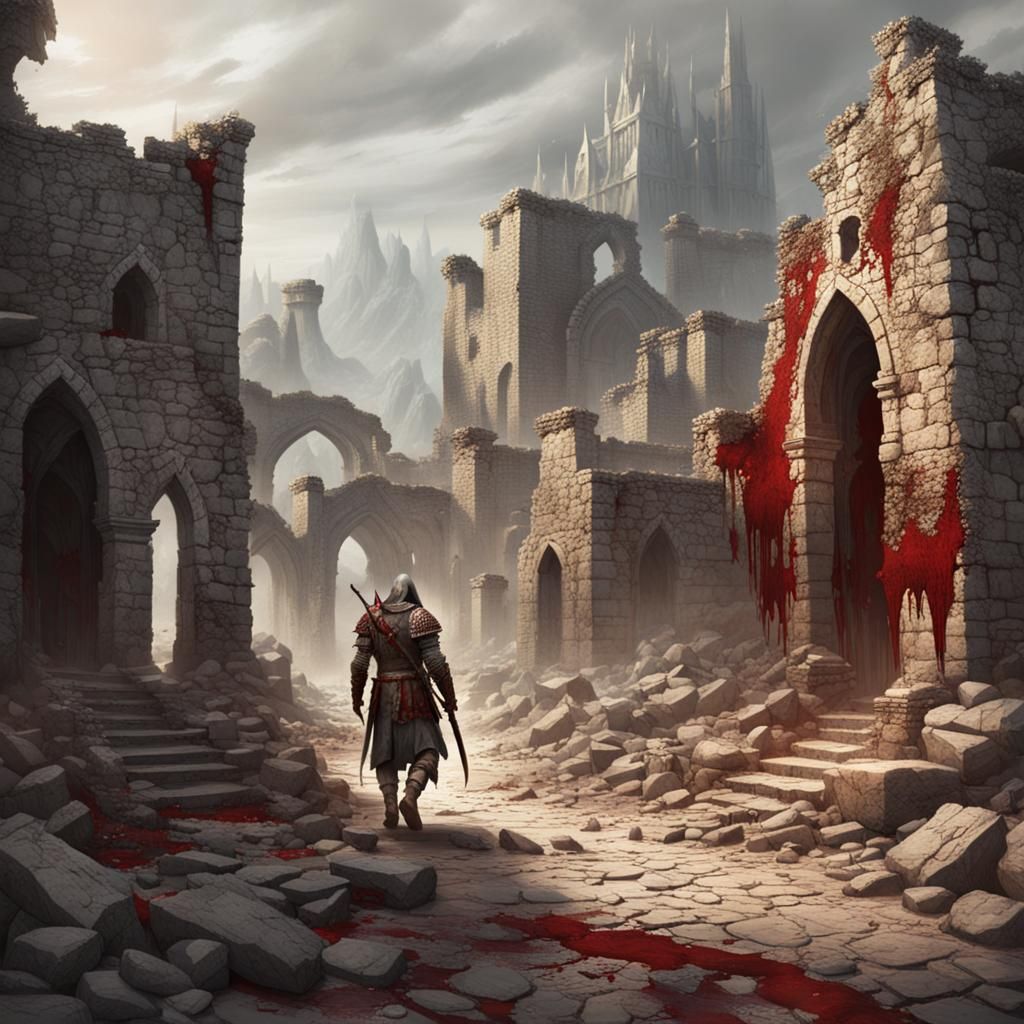 Bloodied Warrior in Ruined Fantasy Village