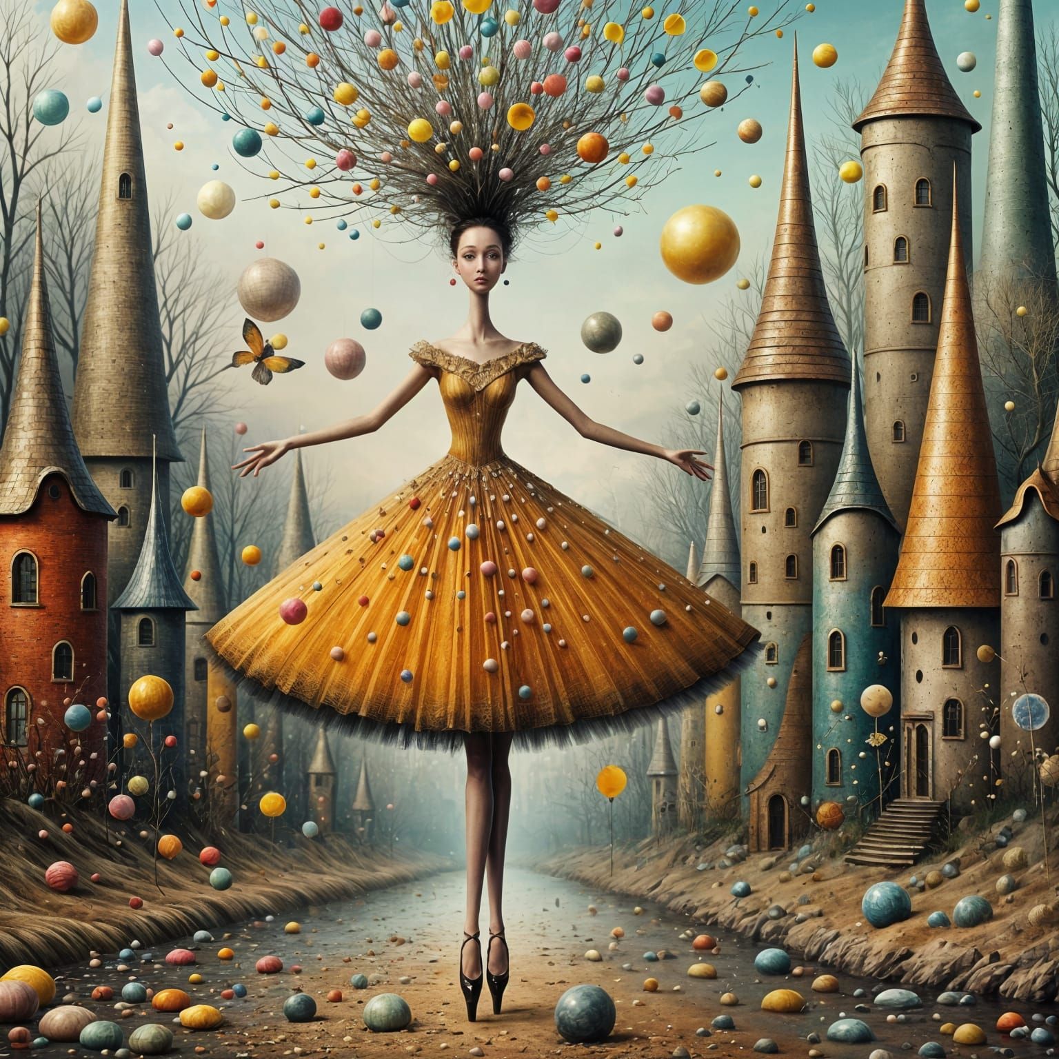 Whimsical Woman Ballet Dancing with Cityscape Background