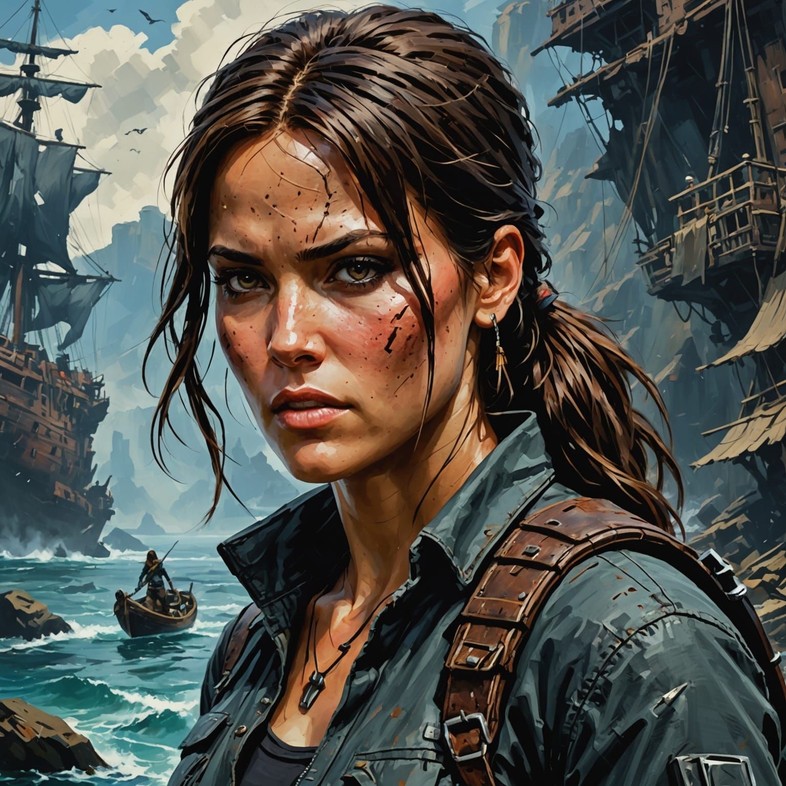 Grunge Pirate Lara Croft in Thick Impasto Brush Strokes