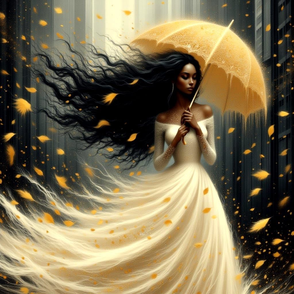 Windswept Storm Goddess in Dreamlike Cityscape