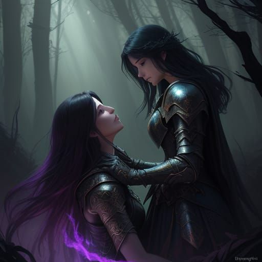Ethereal Fantasy: Two Female Knights in a Dreamy Forest