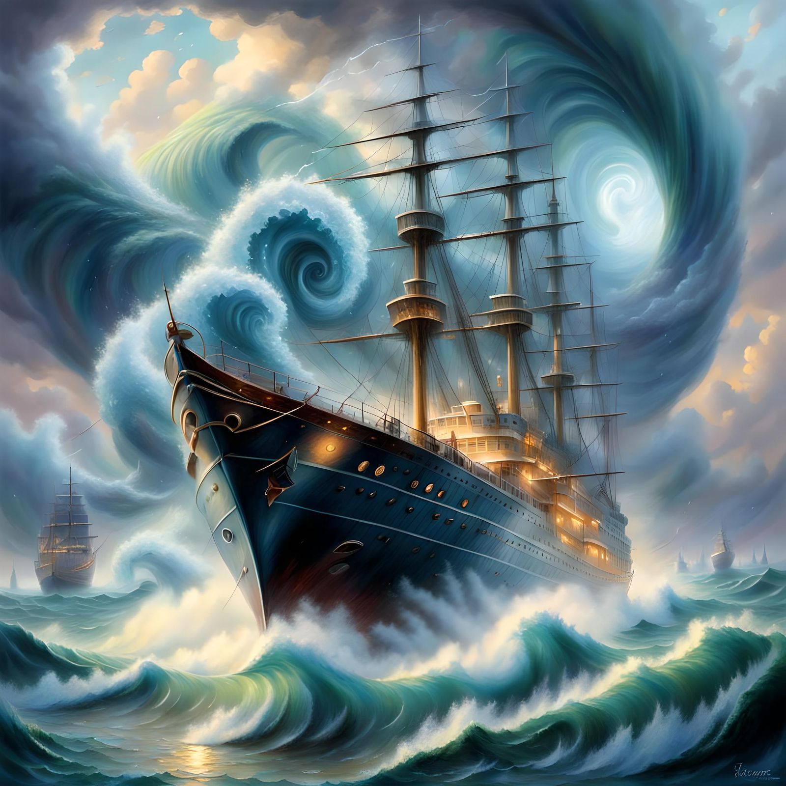 Water Tornado Engulfs Ship in Ethereal Sea Storm