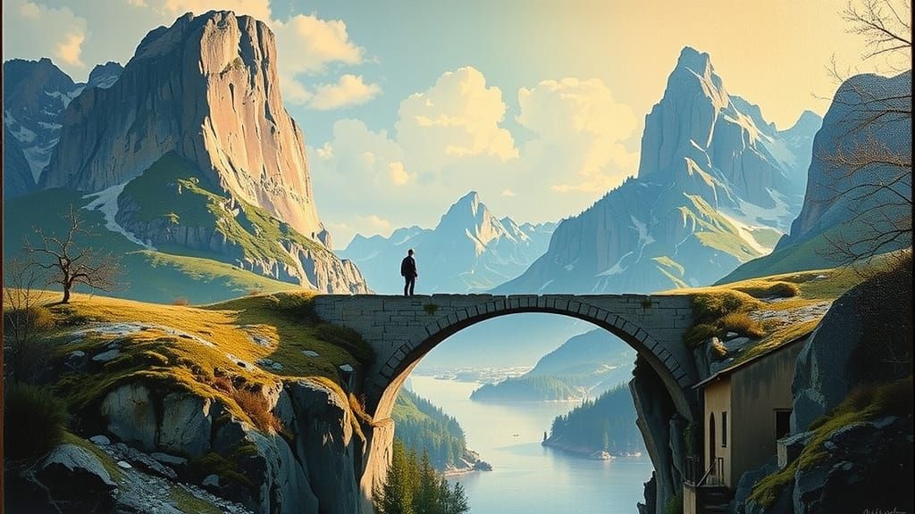 Quaint Mountain Bridge Oil Painting in Bright Colors