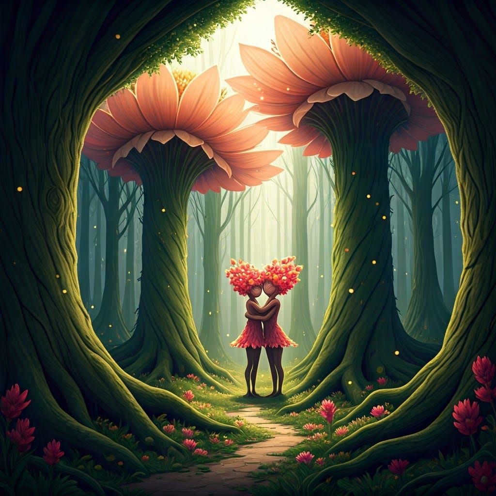 Magical Spring Forest with Flower Petal Trees