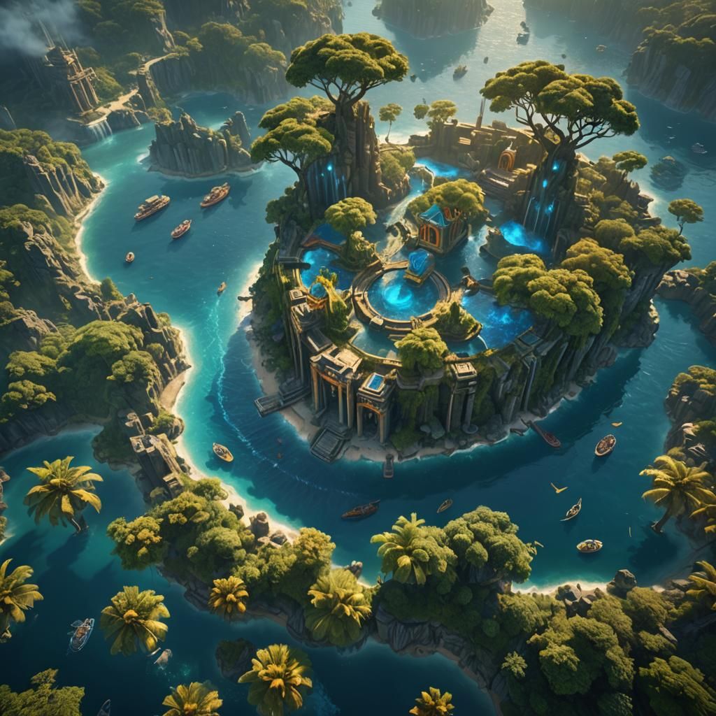 Themyscira Floating City Splash Art in Art Nouveau Style