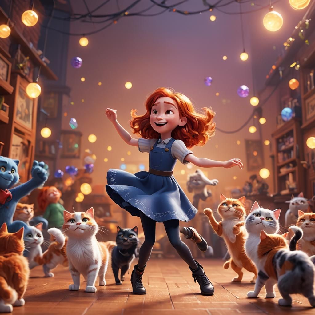 Girl Dancing with Cats in Pixar Style