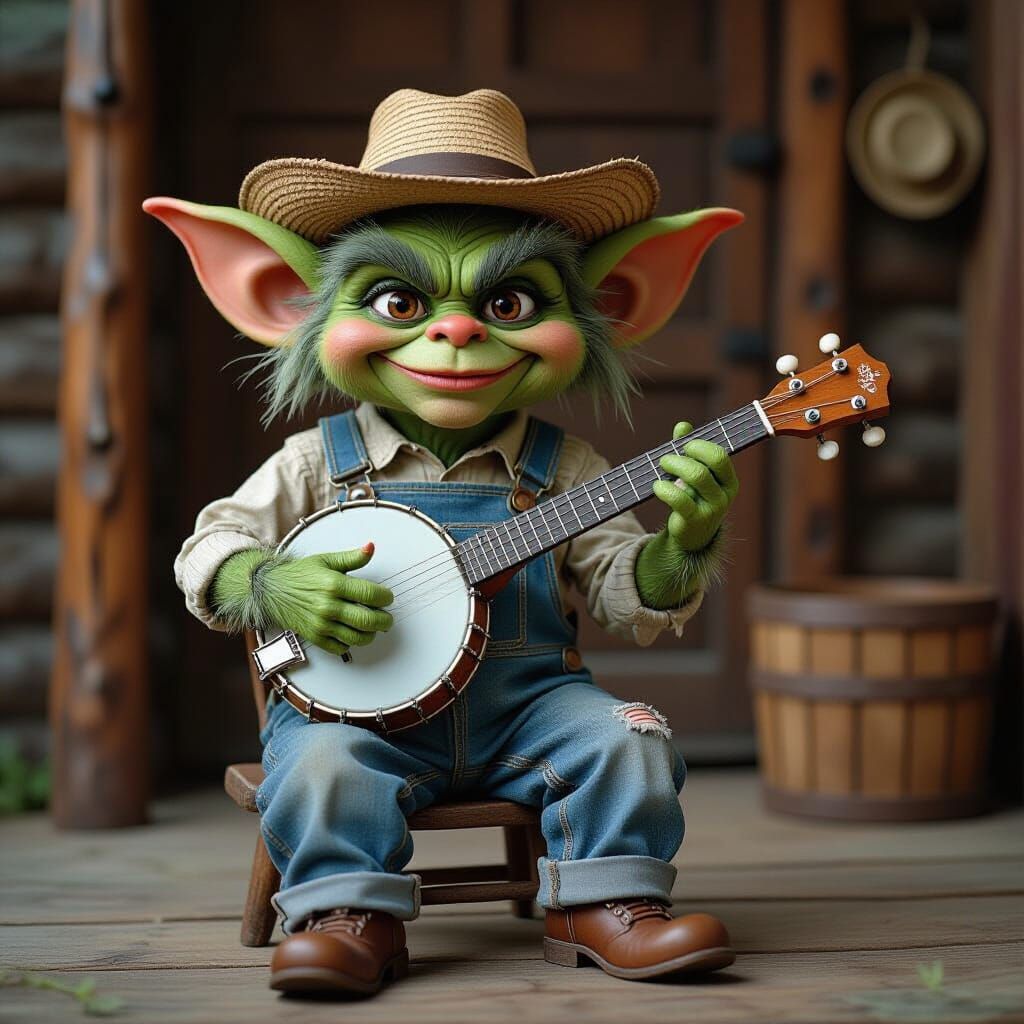 Gremlin Banjo Player in a Whimsical Caricature Style