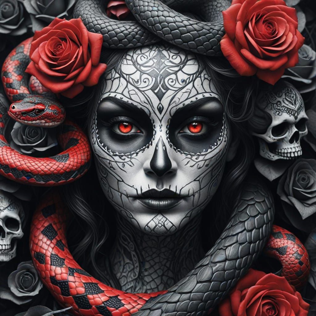 Medusa with Day of the Dead Makeup in Pencil Drawing