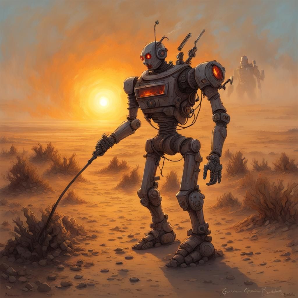 Robot in Post-Apocalyptic Desert Sunrise