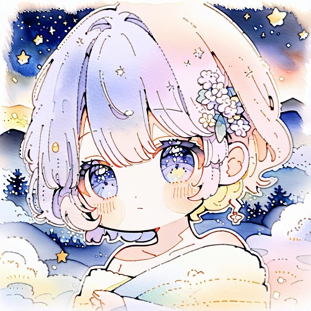 Chibi Girl Relaxing in Onsen: Watercolor Anime Art