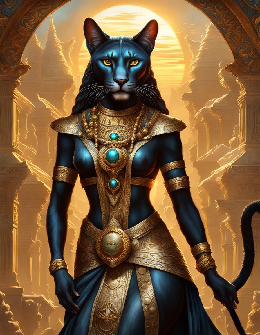 Epic Bastet: Lioness Goddess in Art Nouveau Style