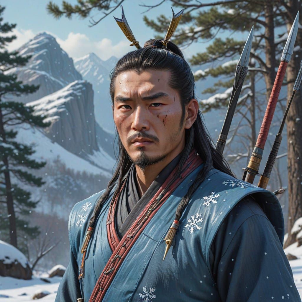 Korean Joseon Warrior Stands Heroic Against Snowy Mountains