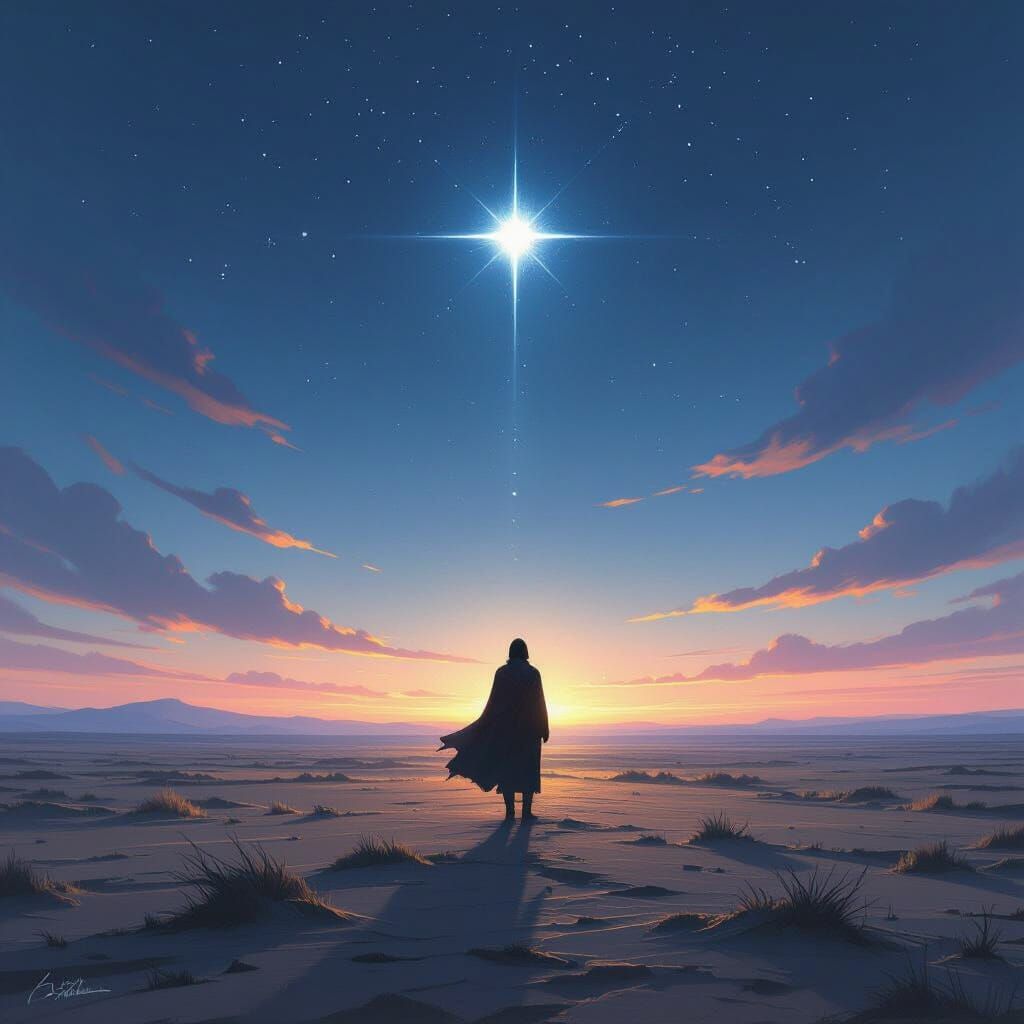 Lone Figure on Windswept Plain at Twilight, Morning Star Abo...