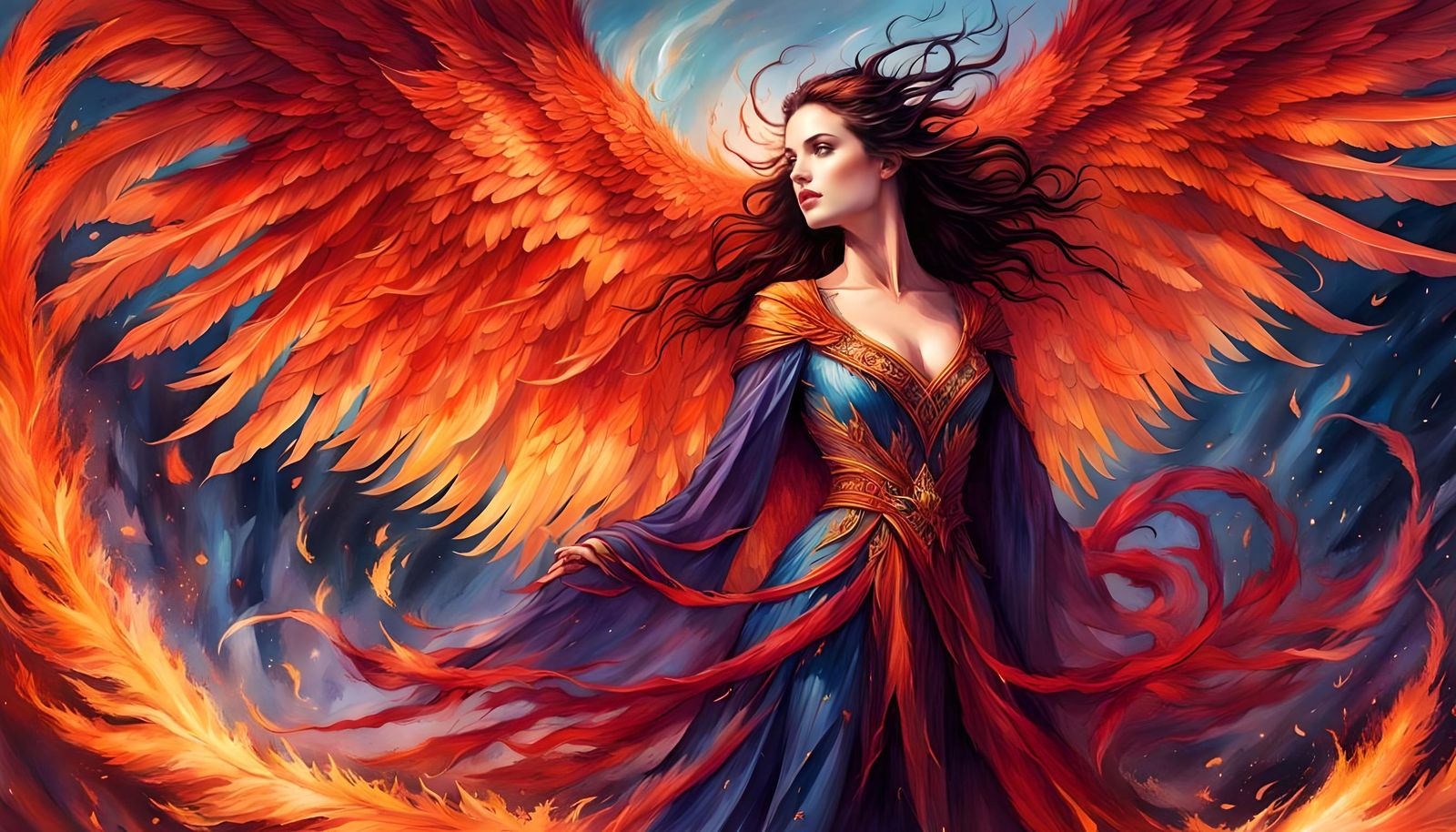 Fiery Phoenix and Sorceress in High Fantasy Art