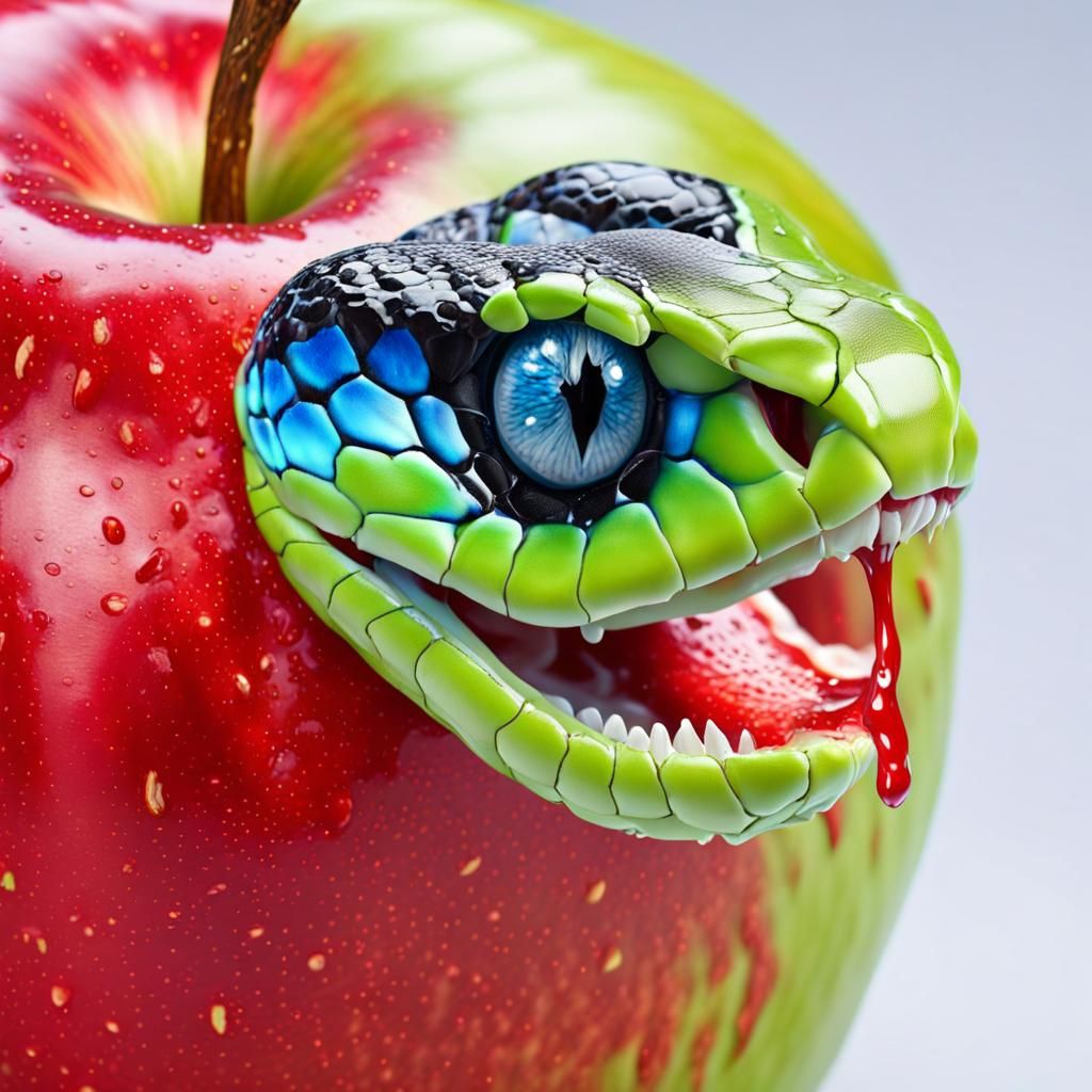 Neon Snake Bites Apple: Hyperrealistic Macro Image