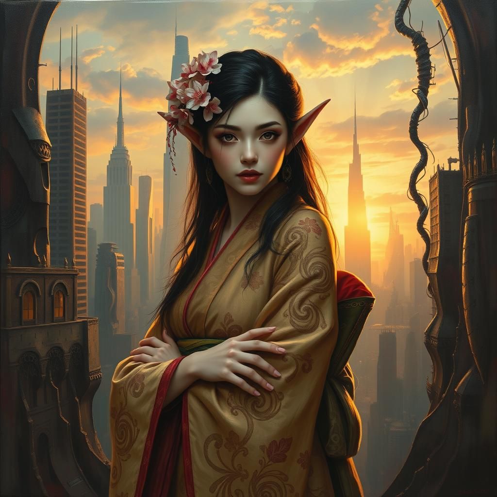 Geisha Fairy Elf in Futuristic Cityscape as Impasto Painting