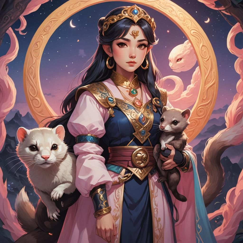 Anime Dwarf Merchant with Magical Serpent Background