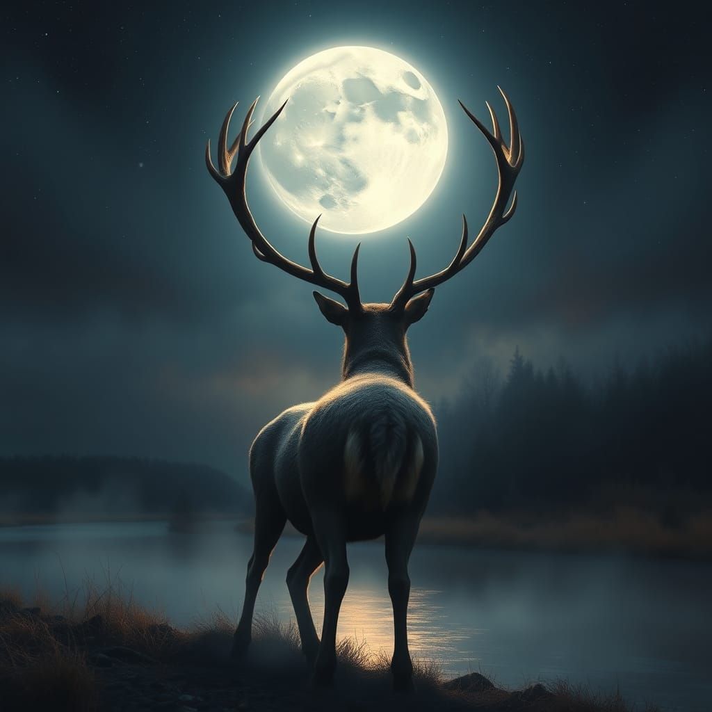 Stag Silhouetted by Moon in Dreamlike Landscape