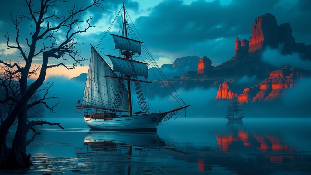 Surreal White Schooner in Twilight Landscape