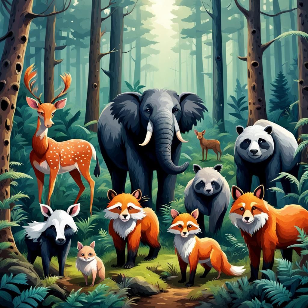 Animals in a Cool Forest Habitat