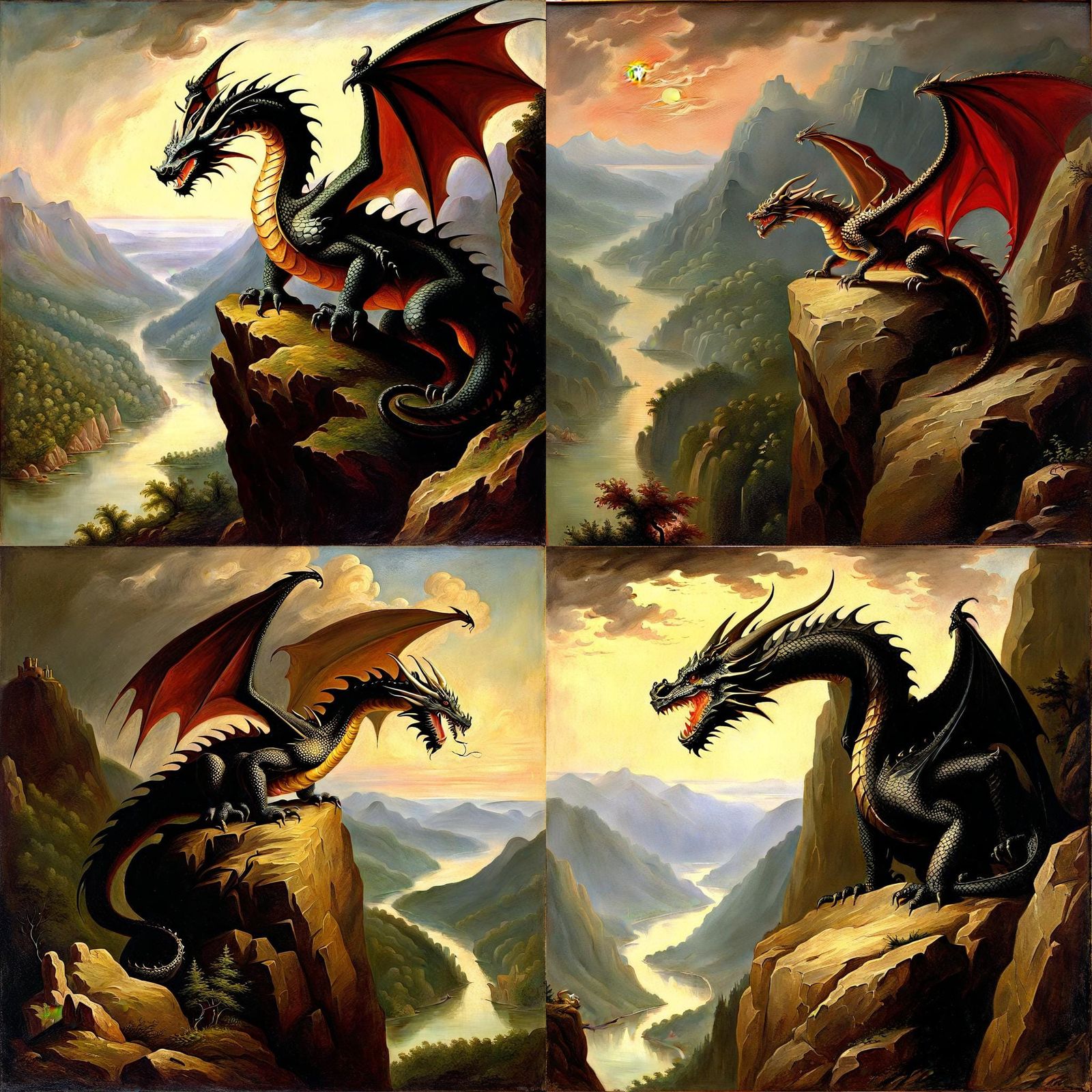Dragon on Cliff in Romantic Landscape Painting Style