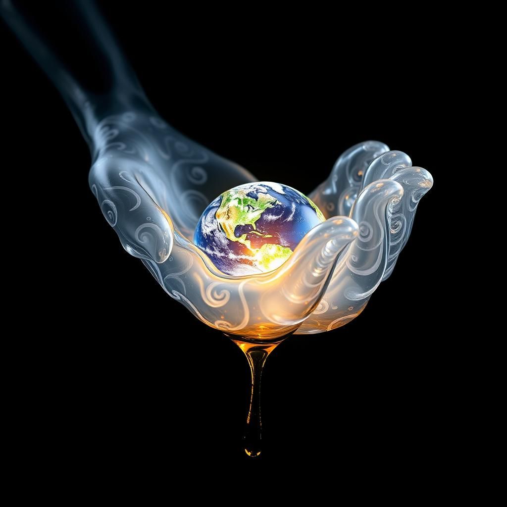 Enameled Glass Hand Holding Glowing Earth