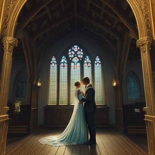 Romantic Fairytale Church Sunset: Whimsical Oil Painting