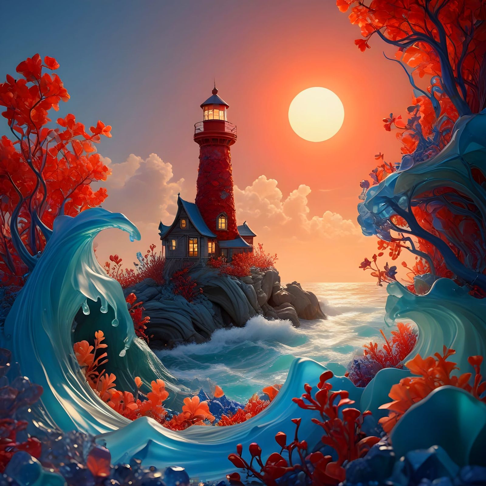 Sea Glass Lighthouse Sculpture in Art Nouveau Style