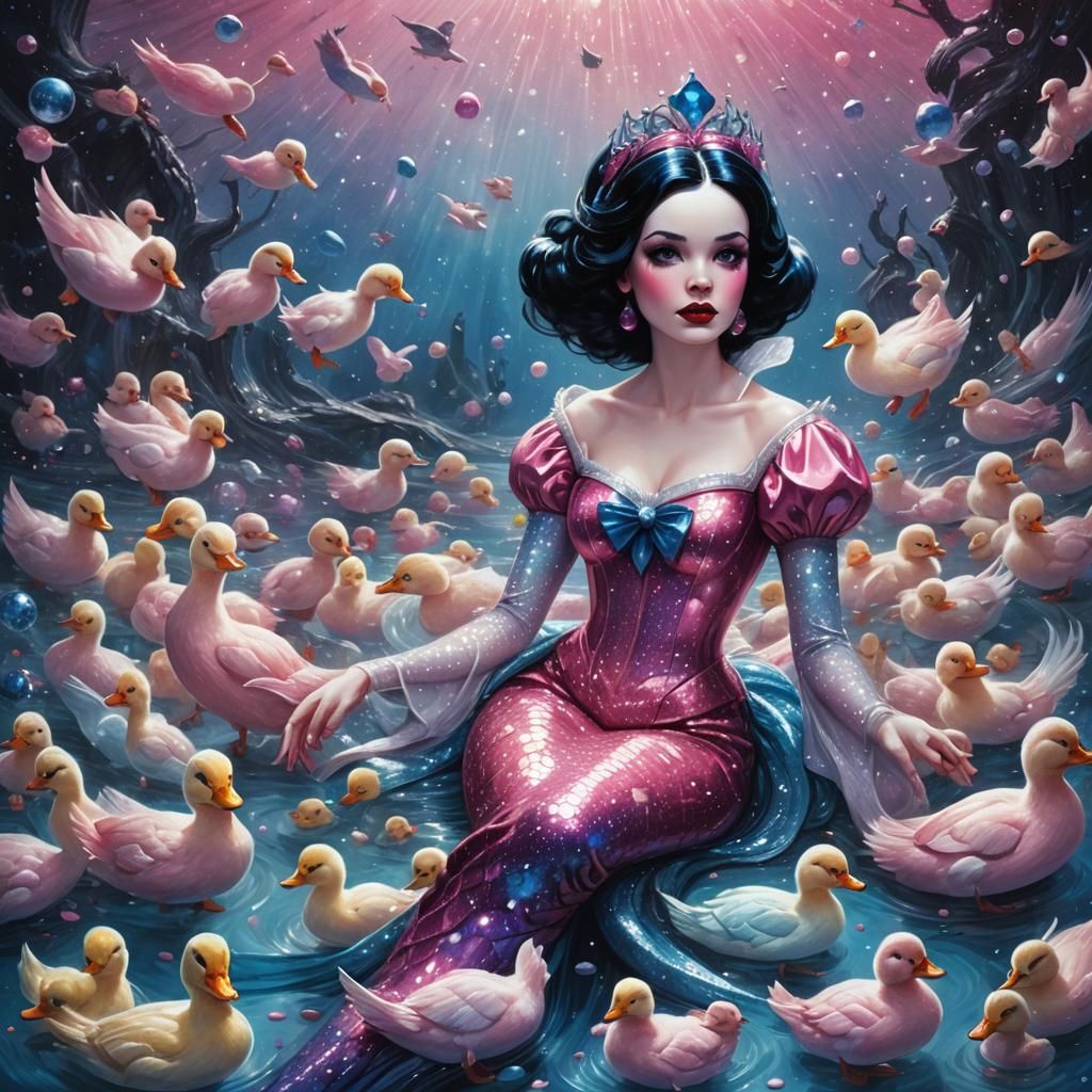 Snow White Space Mermaid with Ducks in Sinister Style