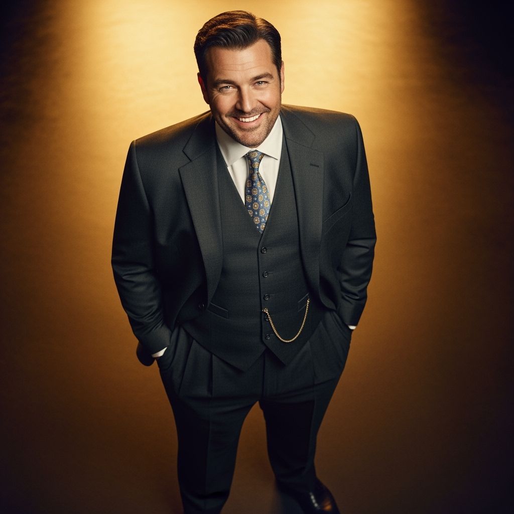 Confident Fat Man in Tailored Suit, Golden Portrait