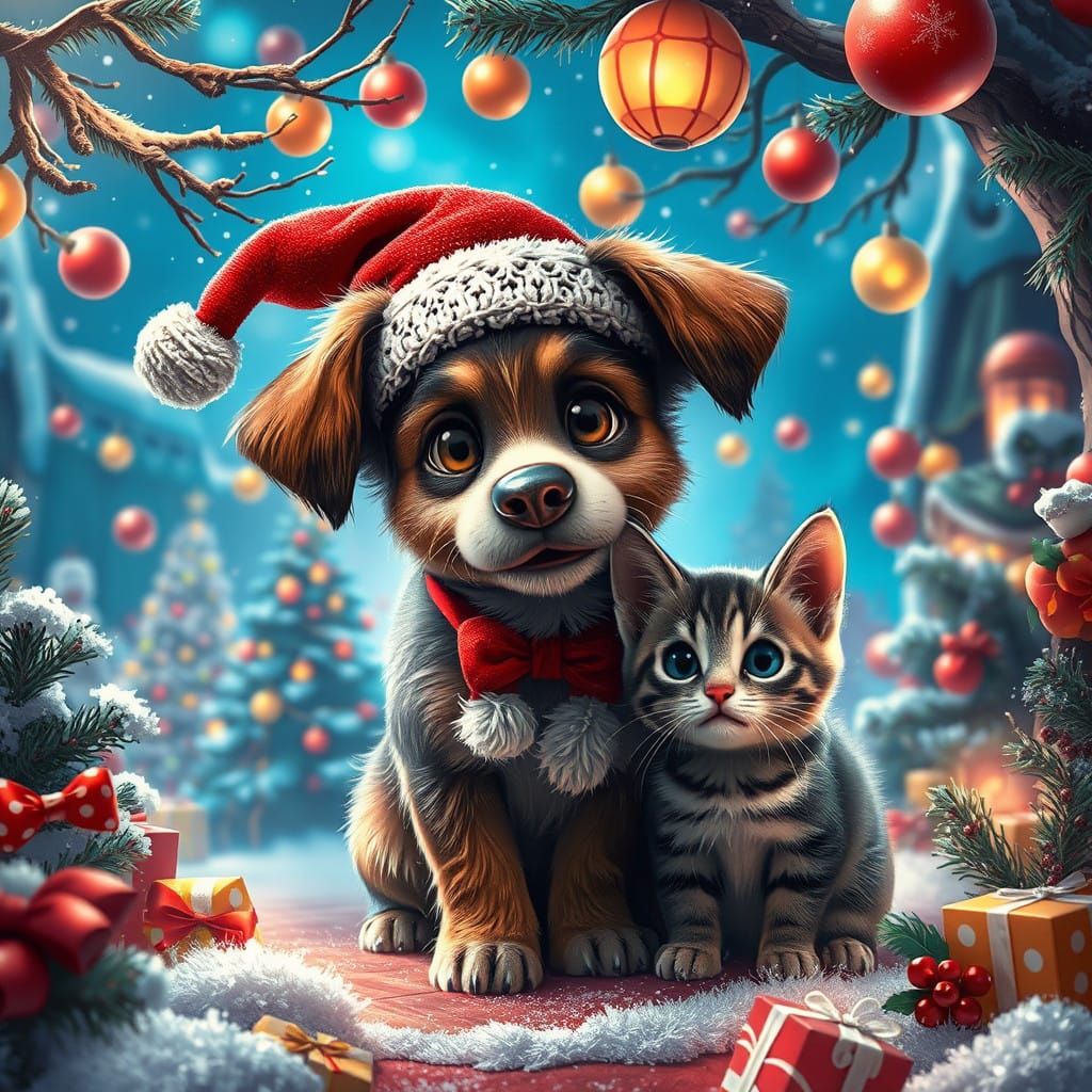 Fantastical Christmas Scene with Dog and Cat in Whimsical Na...