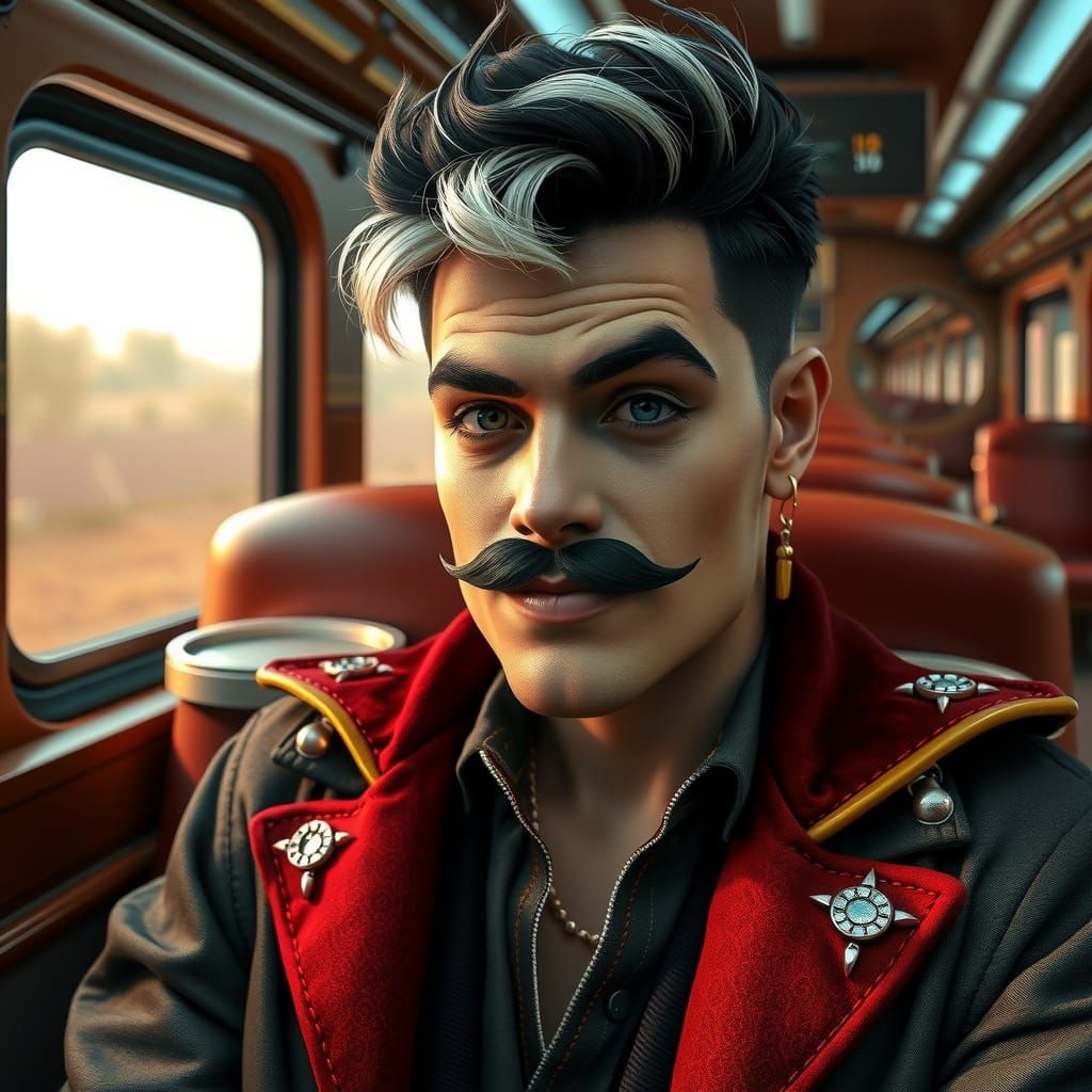 Dashing Train Passenger Exudes Joy with Vibrant Mid-Bleached...