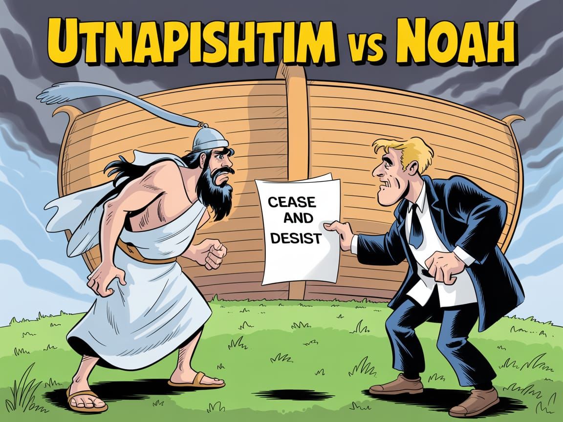 Cartoon in the style of  Albert Uderzo.   Utnapishtim dresse...