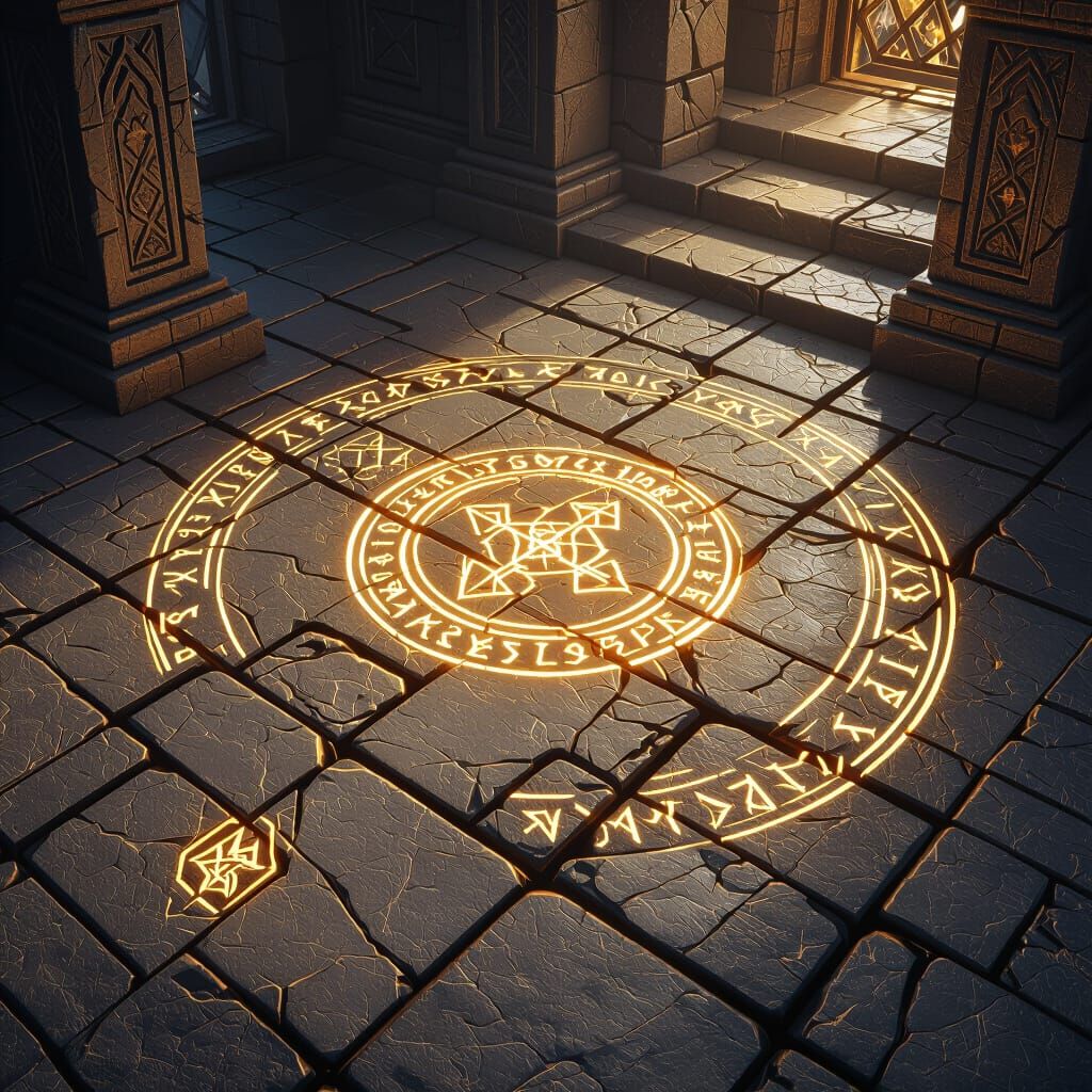 Medieval Fantasy Temple Floor Tiles with Mystical Runes