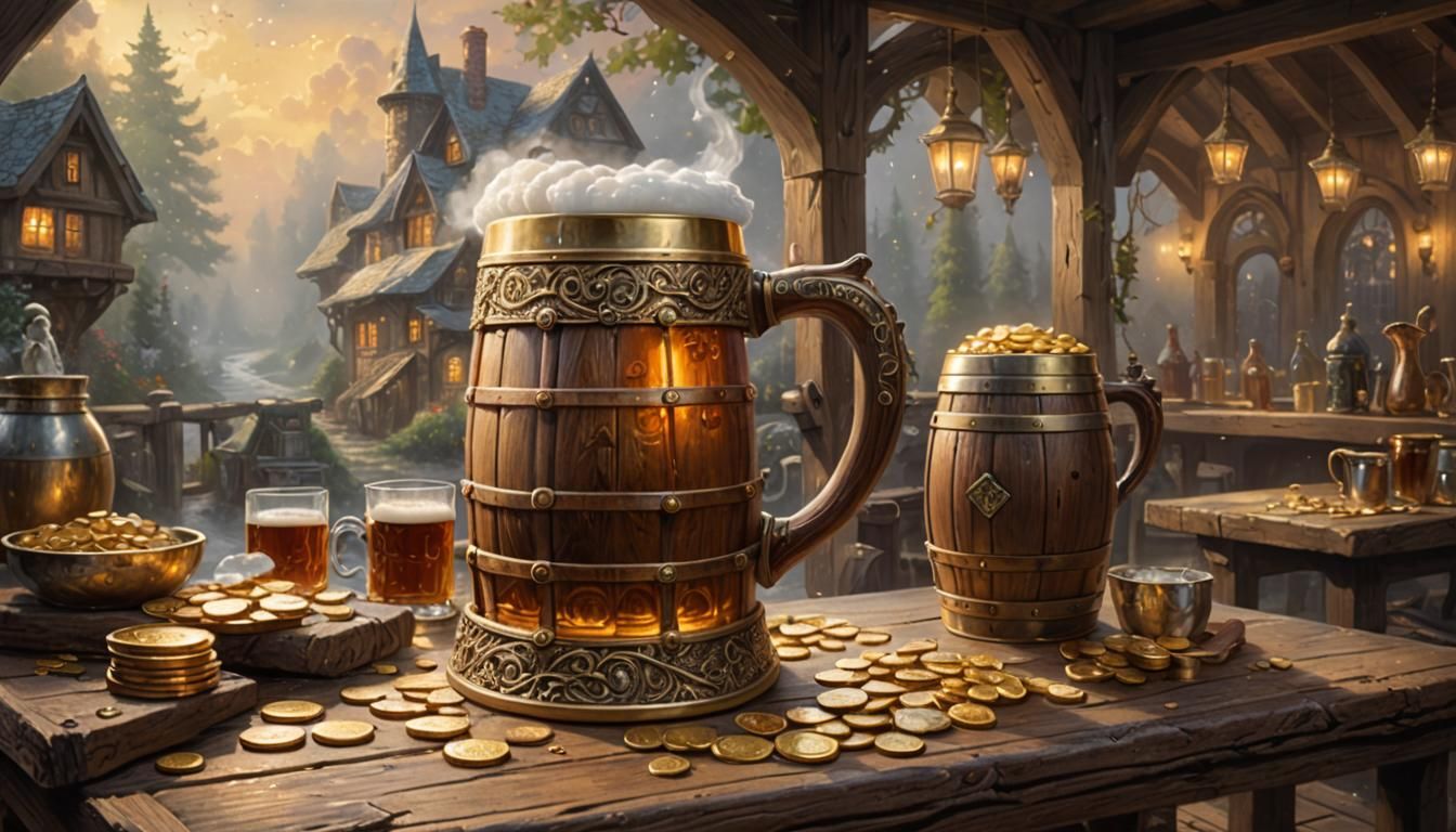 Wooden Tankard with Ale and Gold Coins in Fantasy Style