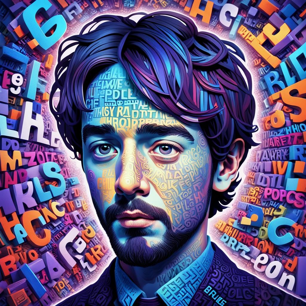 Surreal Digital Art: Man Surrounded by Swirling Words