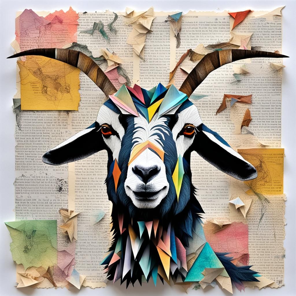 Whimsical Goat Collage with Origami Horns