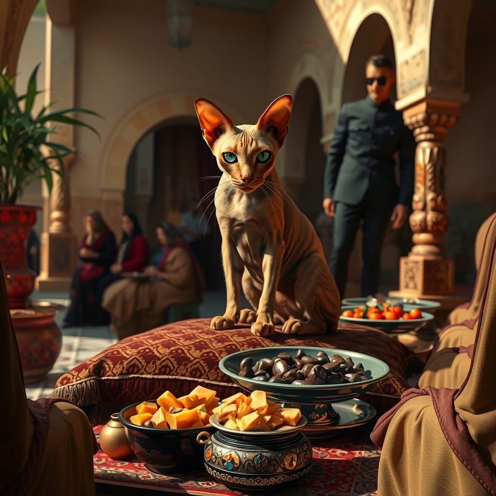 Regal Sphinx Cat in Moroccan Courtyard Luxury
