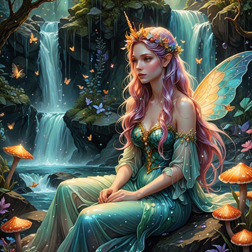 Fairy Mermaid at Waterfall, Digital Art