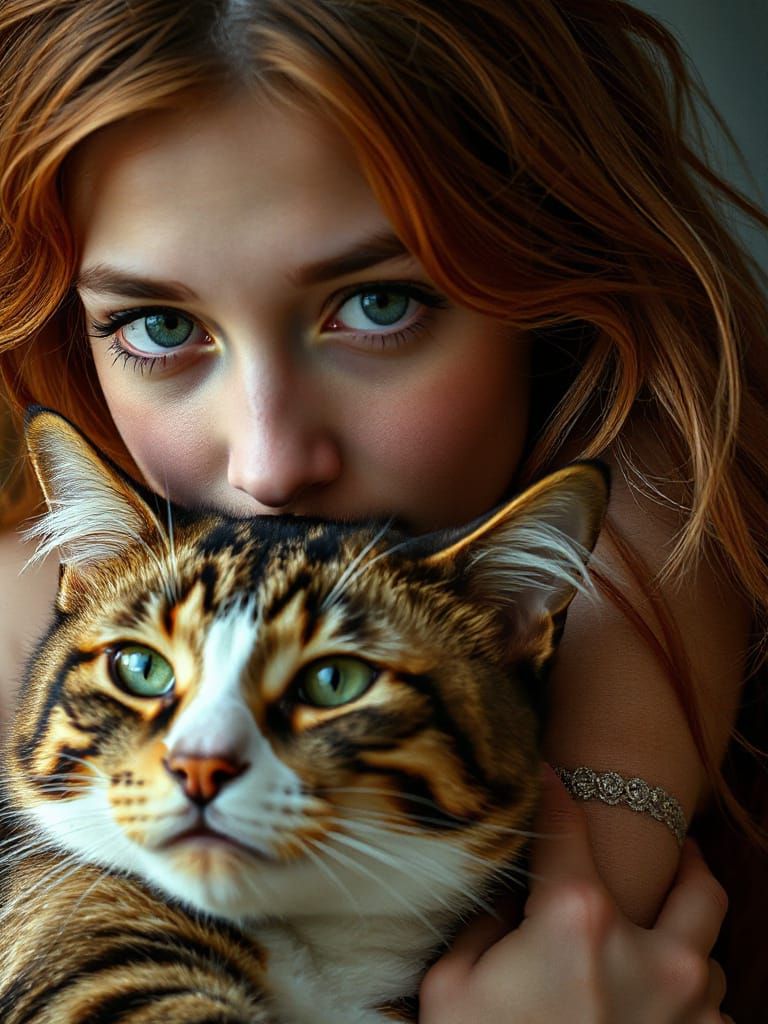 Whimsical Fantasy Portrait of a Woman and Calico Cat