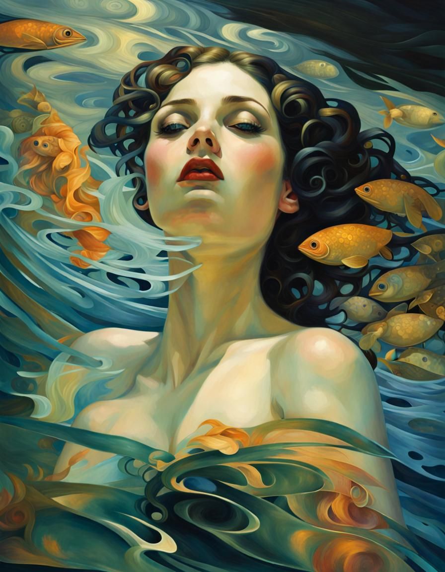 Elegant Art Nouveau Mural of Okeanos