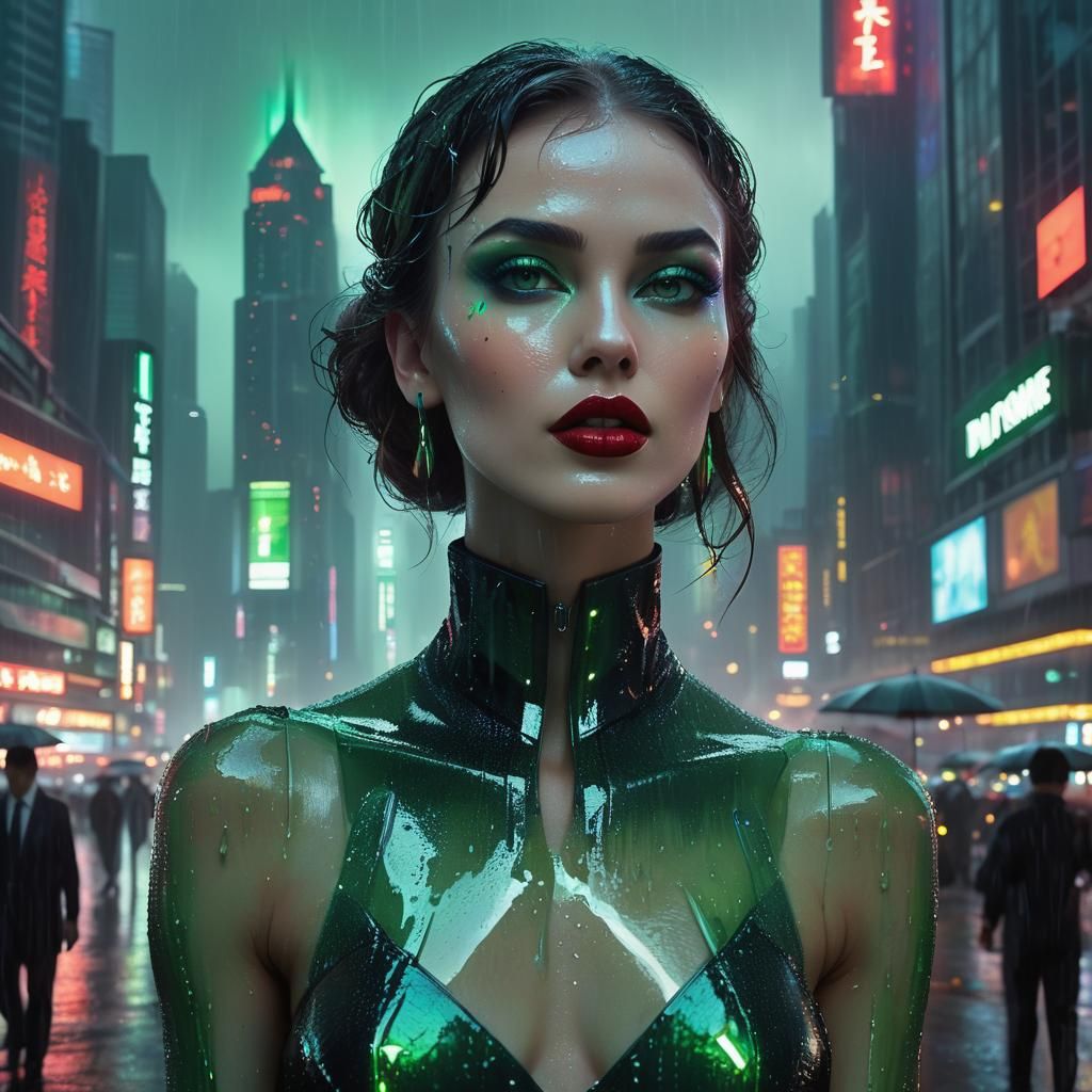 Woman in Dystopian Cityscape: Sci-Fi Noir