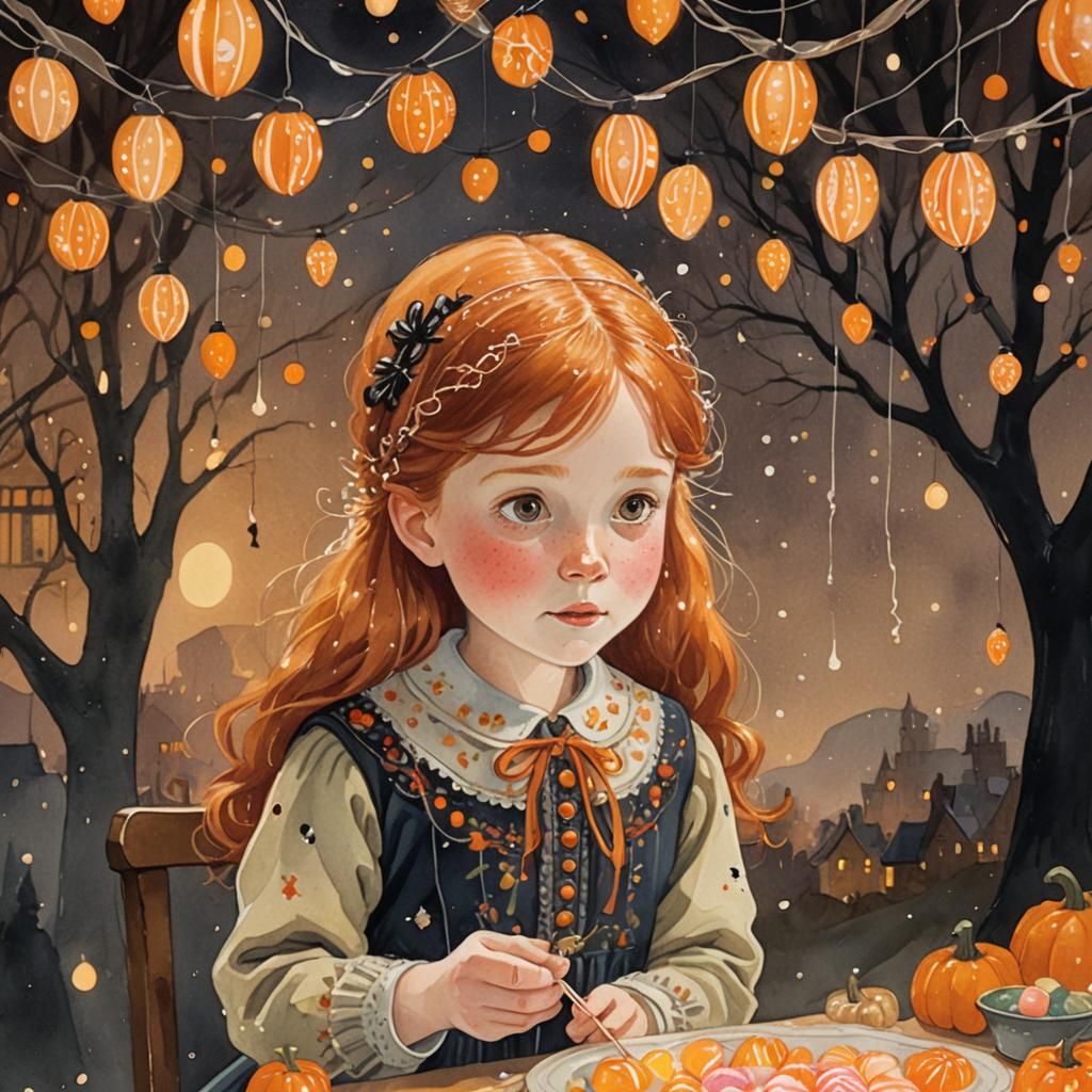 Redhead Girl Eating Candy, Folk Art Gouache Painting